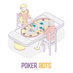 Vector isometric illustration of poker player man playing poker game with poker bot on mobile device. Man vs machine poker robot concept design element.
