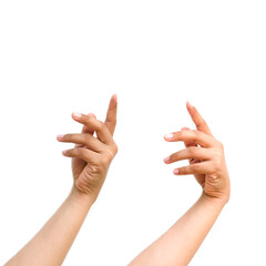  a hand holding something like a bottle or smartphone on white backgrounds, isolated