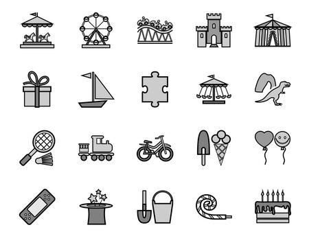 Entertainment for children, badges, set, gray. Rides, games, and holidays. Gray images with a black outline. Vector.  