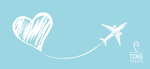 Time Travel. The plane drew a heart. Hand drawn illustrations.