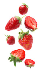 Set with ripe strawberries falling on white background