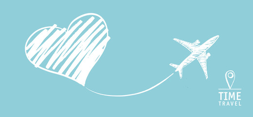 Time Travel. The plane drew a heart. Hand drawn illustrations.