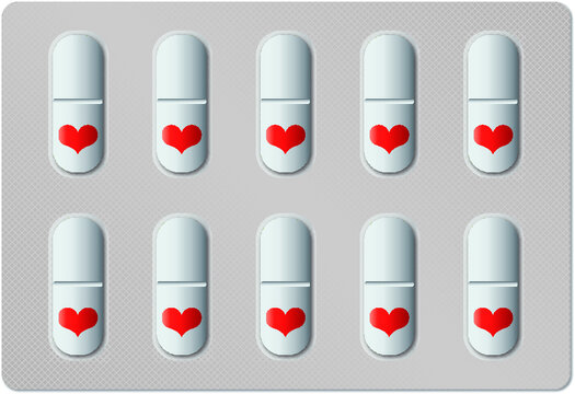 Silver grey blister pack with ten white pills with a red heart drawn