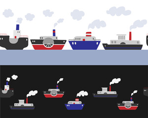 Seamless vector border with ships on a white and black background. Steamboats border.