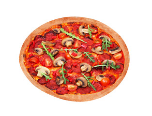 Pizza hot with spicy salami, arugula, cherry tomatoes, mushrooms and texas spice mix. Italian tasty pizza isolated on white background, angle view