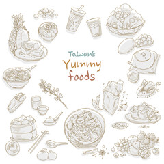 Hand draws Taiwan's yummy foods illustration. include Bubble Tea, Shaved Ice, and Pineapple Cake, Beef Noodles, and popular street foods. Vector food decorations with light white background.