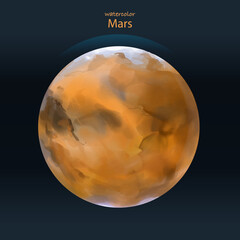 Hand-draw Mars by Watercolor on dark background. red planet of the solar system. icecaps and air details.