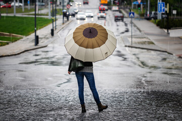 Woman with umbrella standing at city street in rain	