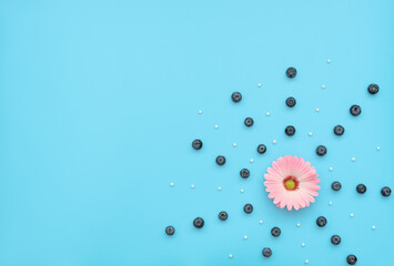 Delicious white merengues, fresh blueberries and a flower on blue background. Happy day, breakfast, good morning concepts. Time for tea. Greeting or invitation card. Flat lay style with copy space.