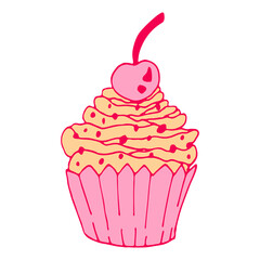 Vector pink cupcake illustration with cherry. Hand drawing food doodle on white background. Line art for bakery logo, wedding invitation, print design.