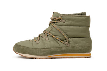 Trekking boot isolated on white background. Warm comfortable shoes with lacing. Light green boots or sneakers. Side view.