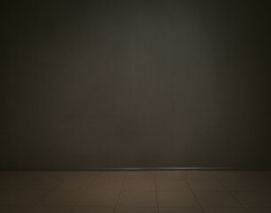 Gray color wall and tile floor in dark empty room. Painted wall texture or background. Blank or template for creativity. Copy space for text. Toned image.