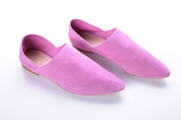 pink shoes on a white background, mule suede,
loafers, women's moccasins, flat, casual summer footwear, isolated