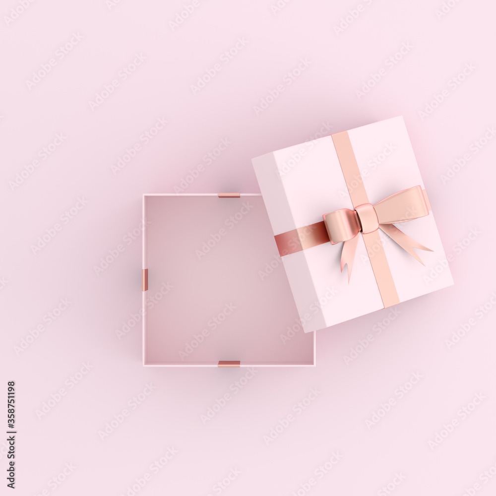 Poster mock up of open gift box on pink background. 3d rendering.