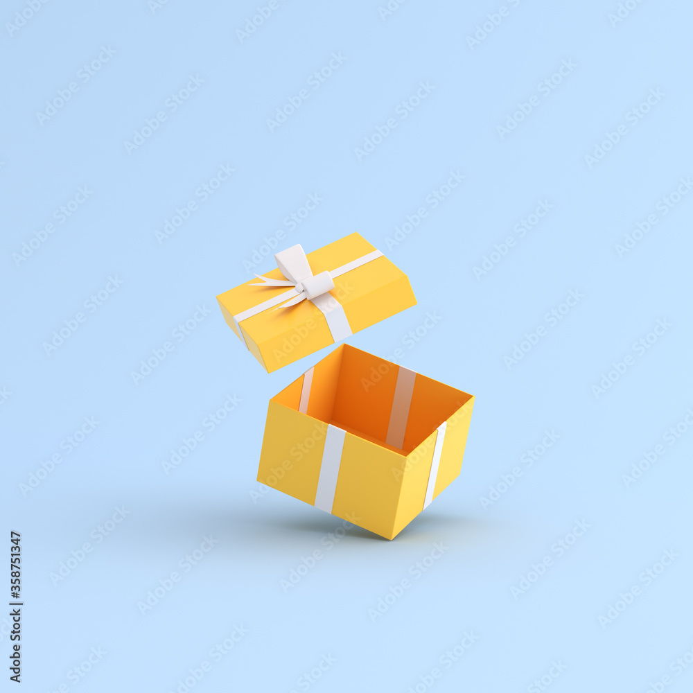 Poster Mock up of open gift box on yellow background. 3D rendering.