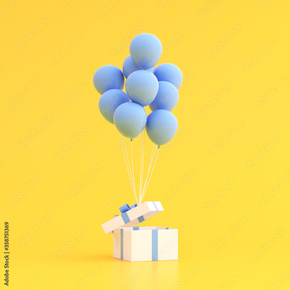 Poster mock up of gift box and balloons on yellow. 3d rendering.