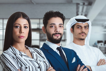 Boss With Group Of Business People In Creative Office, Successful Mix Race woman Leading Businesspeople Team Stand Folded Hands, Professional Staff.