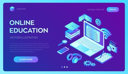 E-learning. Innovative online education and distance Learning 3D isometric concept. Webinar, teaching, online training courses. Internet conference. Web seminar. Skill development. Vector illustration