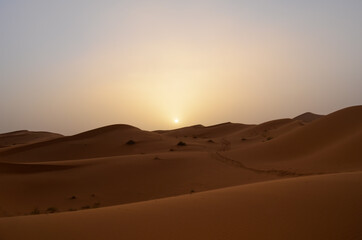 Fototapeta na wymiar puesta de sol sobre las dunas del desierto en marruecos