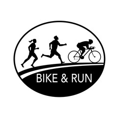 Bike and Run Marathon Runner Oval Retro Black and White