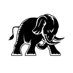 Angry Elephant Charging Attacking Side View Mascot Woodcut Black and White