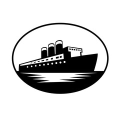 Fototapeta premium Vintage Passenger Boat or Ocean Liner Oval Retro Black and White