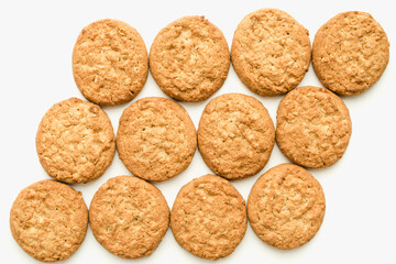 oatmeal cookies on a white background, bakery products, homemade cookies