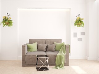 modern room with sofa,pillows,plaid,plants and empty frames on wall interior design. 3D illustration
