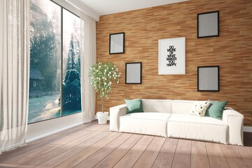 Fototapeta premium modern room with sofa,pillowsmframes,curtains and natural background in windows interior design. 3D illustration