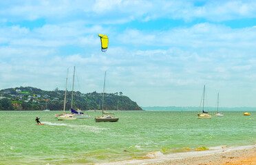 Panoramic View of Bucklands Beach, Auckland New Zealand; Cloudy Periods, High Winds, Rough Seas