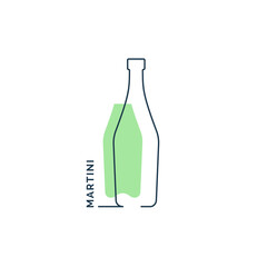 Bottle continuous line martini in linear style on white background. Black thin outline and green fill. Modern flat style graphic design. Logo element illustration. Contour drink symbol