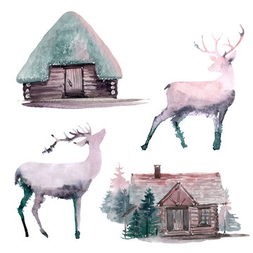 Watercolor deers and frest houses set