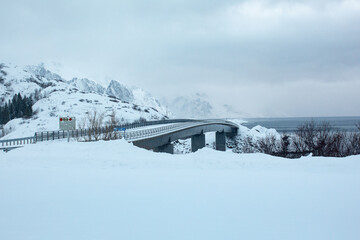 A bridge in Norway crosses a large fjord. 