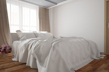 Fototapeta na wymiar modern bedroom with big bed,curtains and flowers on floor interior design. 3D illustration