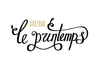 Bonjour le printemps. Vector hand lettering typography poster Hello spring in French language. Fun quote design logo or label. © larysaray