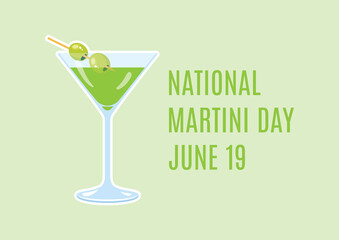 National Martini Day vector. Martini drink with olive vector. Martini glass with olive icon. Alcoholic cocktail icon vector. Martini Day Poster, June 19. Important day
