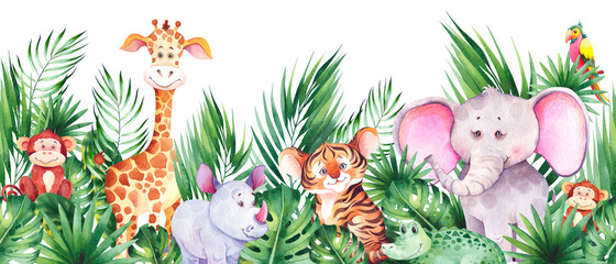 Seamless horizontal border with cute african cartoon animals. © JeannaDraw