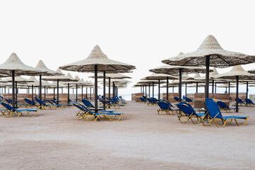 beach chairs and umbrellas, sun loungers on the beach