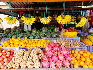 Fruit stall with bananas of different types and other fruits
