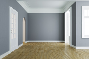 Empty room interior,gray wall & wooden floor ,Classic style. 3D illustration