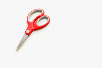 stationery scissors, scissors with red handle, scissors on a white background