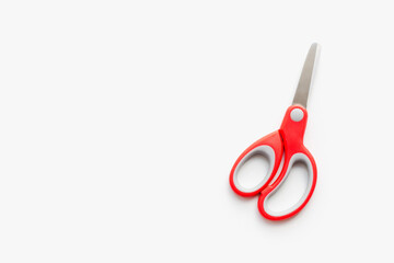 stationery scissors, scissors with red handle, scissors on a white background