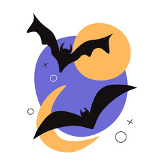 Vector illustration of a Halloween night scene, cute bats flying against the background of the moon. Full moon, minimalism,Halloween card. Template, poster or card. Greeting card in minimal flat style