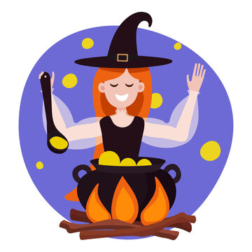 Witch is preparing a green potion in a cauldron.Vector illustration of a red-haired cute witch with a smile in a flat style.The sorceress cooks something poisonous on Halloween.Cute card,poster,poster