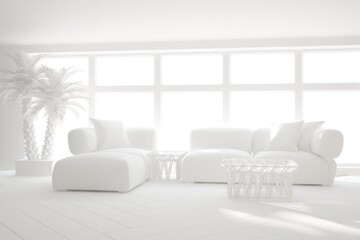 modern room with big white sofa,windiws,table and palm  interior design. 3D illustration