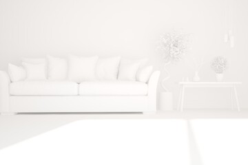 modern white room with sofa,pillows,table,plants and lamp interior design. 3D illustration