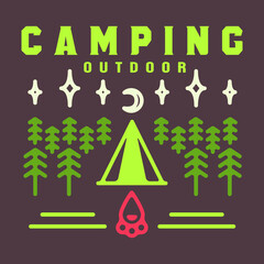 Brochure camping outdoor, vector illustration emblem logo design on grunge texture. one thin line