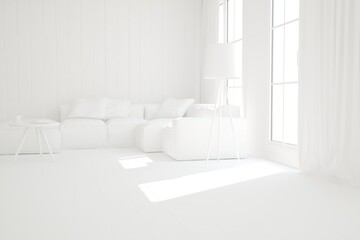 modern room with white sofa,pillows,curtains and lamp in white color interior design. 3D illustration