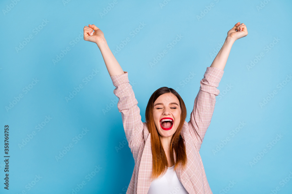 Sticker Portrait of delighted crazy candid manager girl hear incredible coronavirus win news raise fists scream yeah wear good look clothes isolated over blue color background