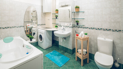 Light interior of modern spacious bathroom. White sink and mirror. Toilet. Flowers on shelves. Large bath. Washing machine.
